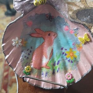 Decorative Pink Shell with Rabbit and Flowers